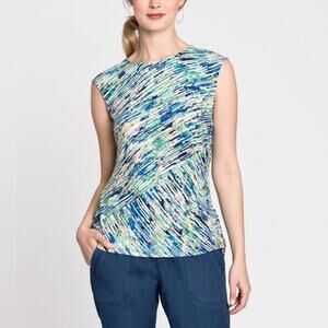 NIC+ZOE Printed Sleeveless Scoop Neck Tank Gathered in Blue Mirage Women's Small